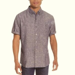 3/$30 WEATHERPROOF Mens Linen blend Grey Short Sleeve Button Down shirt sz large